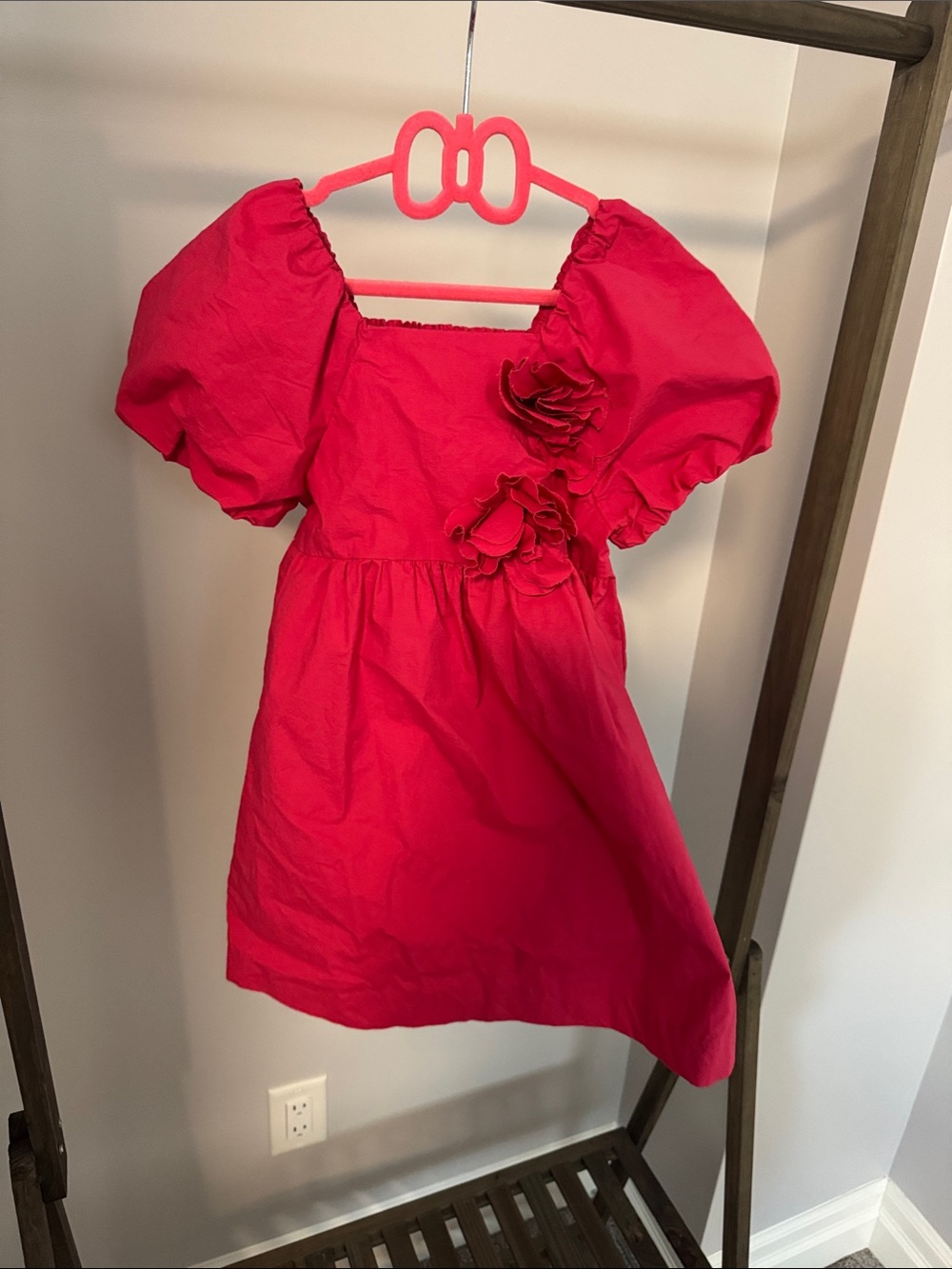 Zara Bright Pink Puff Sleeve Dress with Floral Appliqués